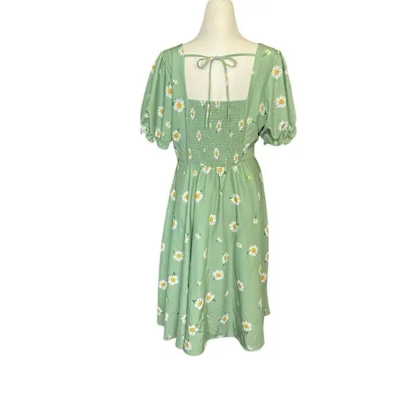 Belle Poque A Line Fit & Flare Green Daisy Midi Dress Womens XL Pockets Smocked - Picture 2 of 9